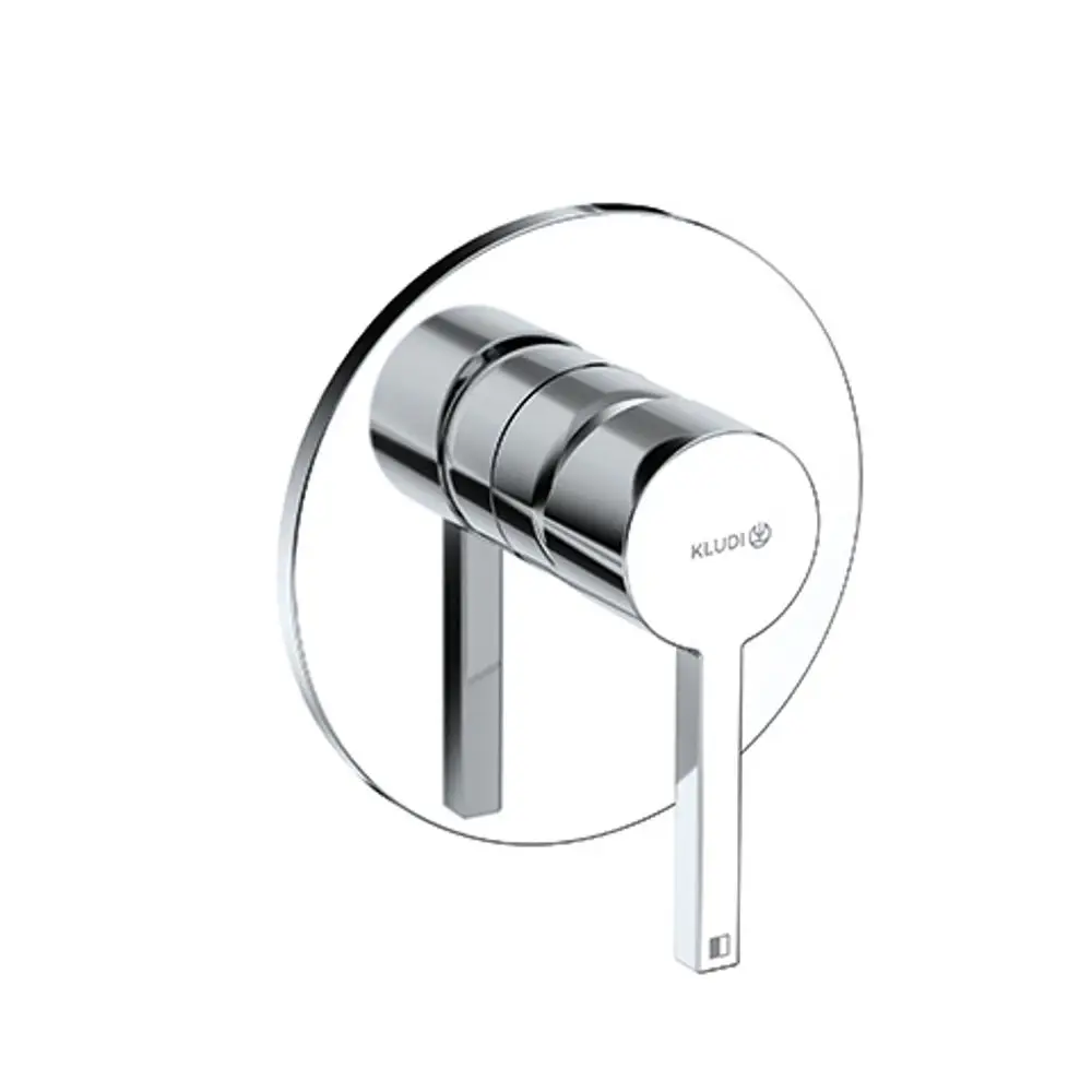 Chromatischer Wandmischer von Kludi mit runder Abdeckung und Hebel für die Wassersteuerung. Schlichte, moderne Gestaltung ohne weitere dekorative Elemente.
